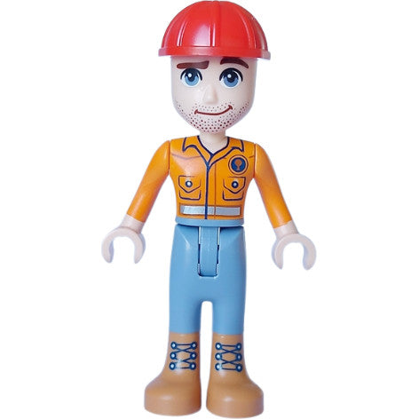 Minifig frnd657 - Friends Darrel - Orange Safety Shirt, Sand Blue Legs, Medium Nougat Boots, Red Construction Helmet