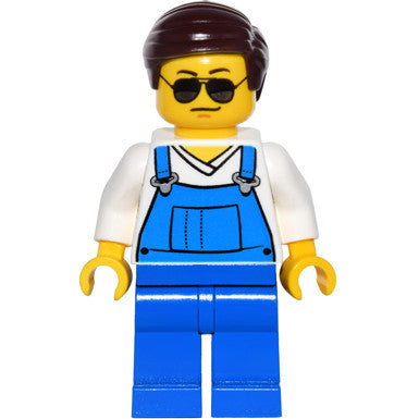 Minifig game016 - Overalls Blue over V-Neck Shirt, Blue Legs, Dark Brown Smooth Hair, Black and Silver Sunglasses, Black Eyebrows