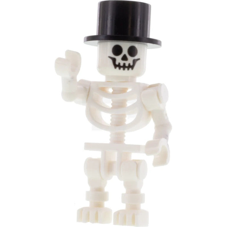 Minifig gen147 - Skeleton - Standard Skull, Bent Arms Horizontal Grip, Black Top Hat