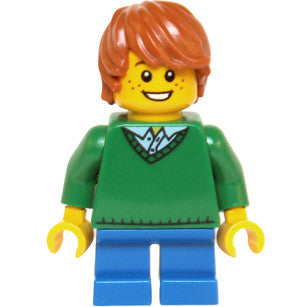 Minifig hol058 - Child - Boy, Green V-Neck Sweater, Blue Short Legs, Dark Orange Tousled Hair, Freckles