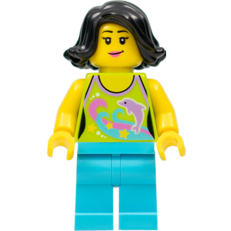 Minifig hol089 - Female Lime Halter Top with Dolphin Pattern, Medium Azure Legs, Black Female Hair Short Swept Sideways