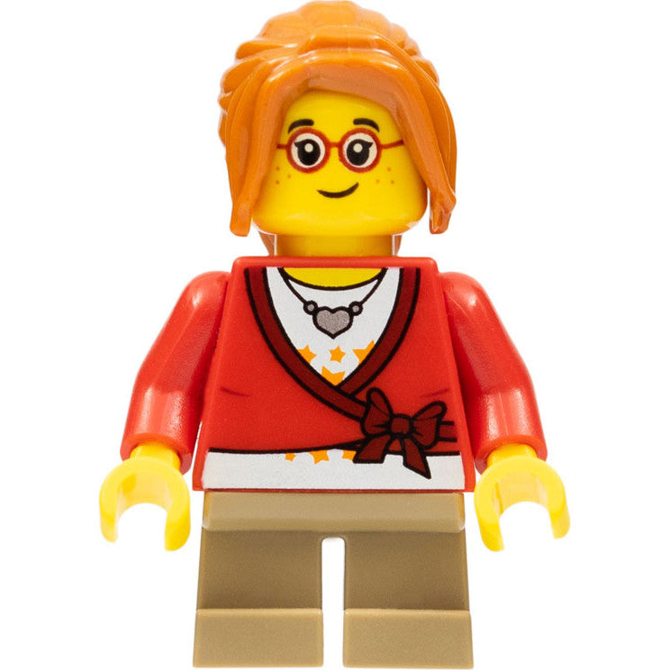 Minifig hol127 - Child - Girl, Sweater Cropped with Bow, Heart Necklace, Dark Tan Short Legs, Dark Orange Ponytail Long with Side Bangs, Glasses, Freckles
