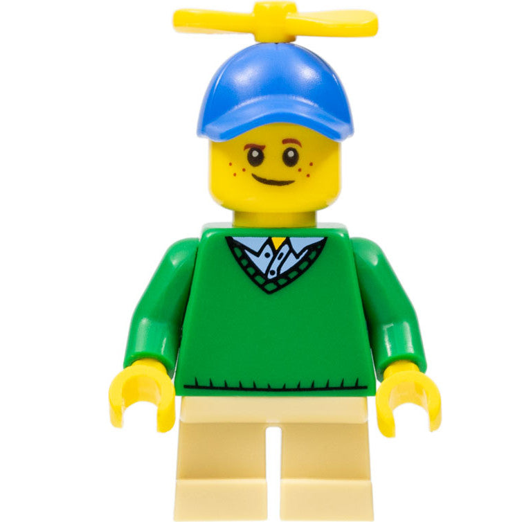 Minifig hol163 - Boy - Freckles, Green Sweater, Tan Short Legs, Blue Cap with Tiny Yellow Propeller
