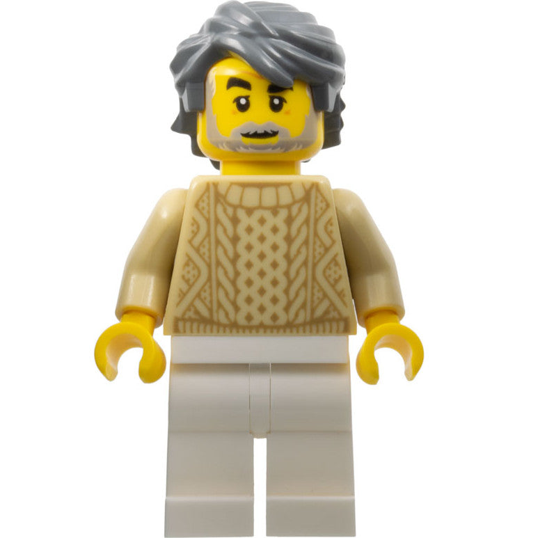 Minifig hol166 - Snowmobile Driver - Male, Tan Knit Sweater, White Legs, Dark Bluish Gray Hair