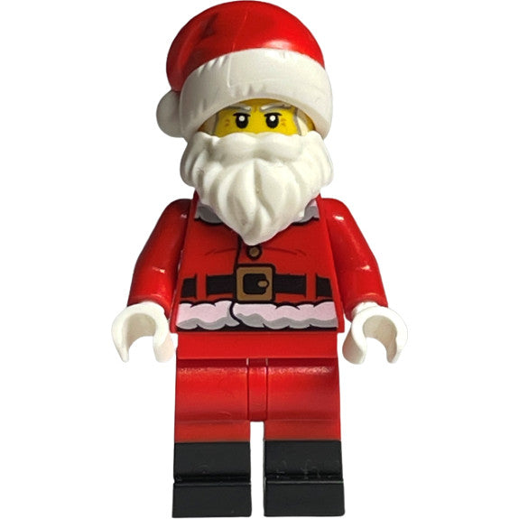 Minifig hol246 - Santa, Red Legs, Black Boots Fur Lined Jacket with Button and Candy Cane on Back, Gray Bushy Eyebrows