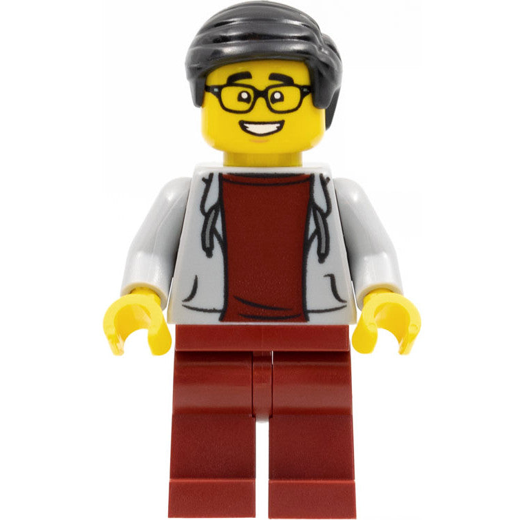 Minifig hol274 - Man, Black Hair, Glasses, Light Bluish Gray Hoodie, Dark Red Shirt and Legs