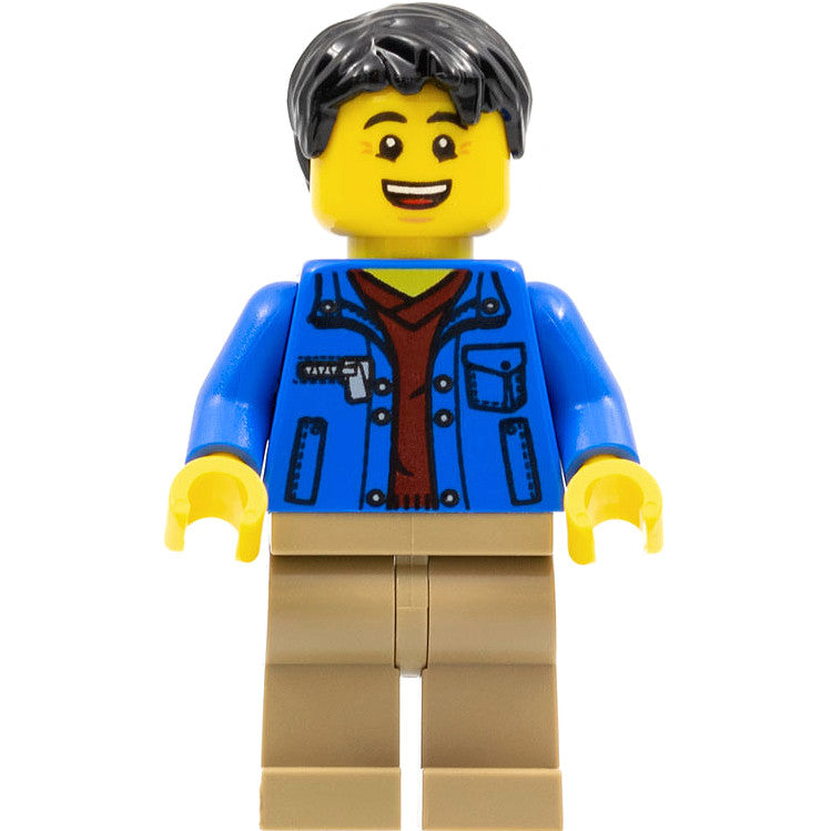 Minifig hol282 - Man, Black Hair, Blue Jacket, Dark Red Shirt, Dark Tan Legs