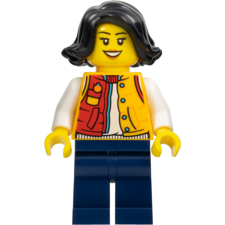 Minifig hol307 - Lunar New Year Parade Spectator - Female, Red and Bright Light Orange Jacket, Dark Blue Legs, Black Hair