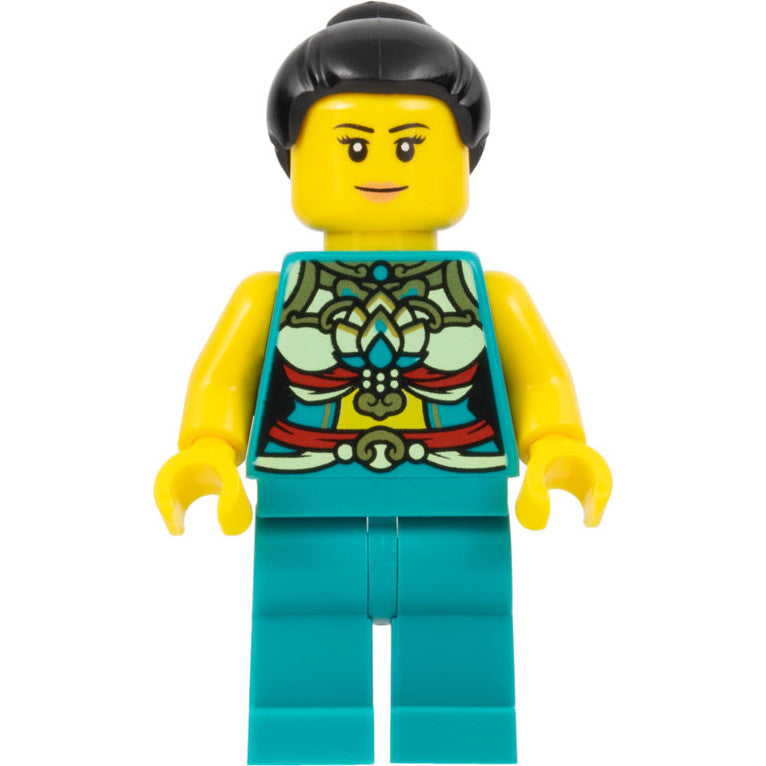 Minifig hol314 - Lunar New Year Parade Participant - Musician, Female, Ornate Dark Turquoise Costume, Black Bun, Slight Smile