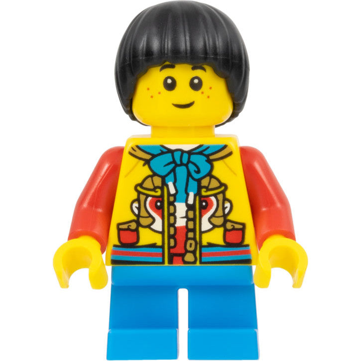 Minifig hol317 - Child - Boy, Yellow Monkey King Jacket, Dark Azure Short Legs, Black Mop Top, Freckles