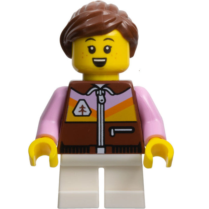 Minifig hol320 - Child - Girl, Reddish Brown Jacket, White Short Legs, Reddish Brown Ponytail, Freckles
