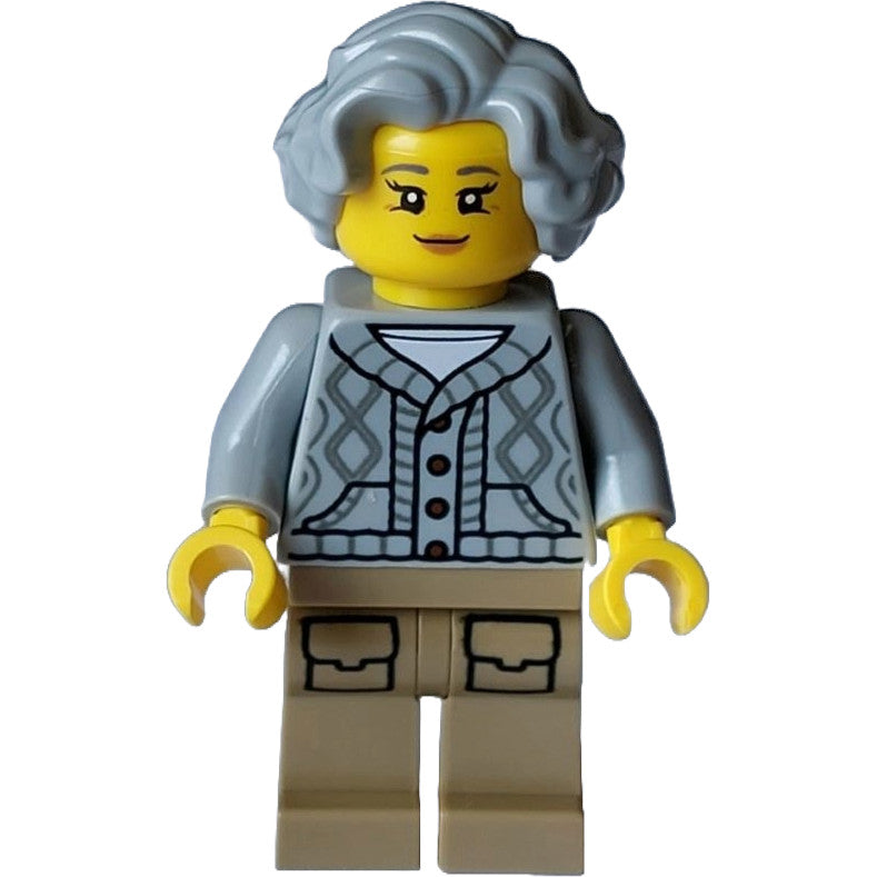 Minifig hol326 - Lodge Owner - Female, Light Bluish Gray Knit Cable Cardigan Sweater, Dark Tan Legs with Pockets, Wavy Hair