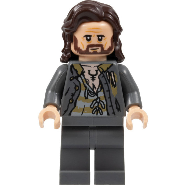 Minifig hp352 - Sirius Black - Dark Brown Hair, Dark Bluish Gray Jacket over Tattered Striped Shirt, Plain Legs