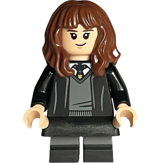 Minifig hp378 - Hermione Granger - Hogwarts Robe, Black Tie, Skirt, and Short Legs with Dark Bluish Gray Stripes