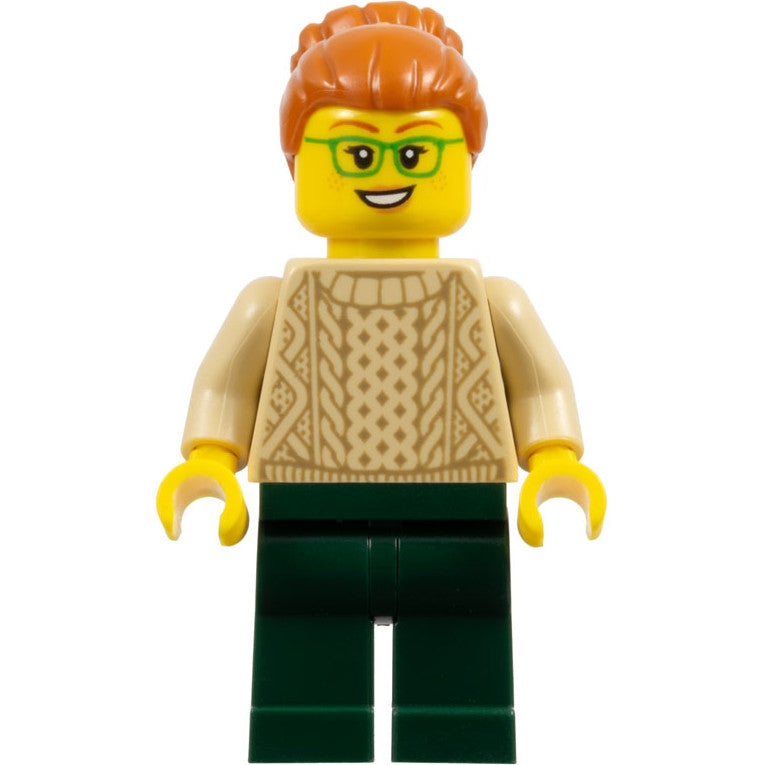 Minifig idea148 - Camper - Female, Dark Orange Hair, Glasses, Tan Sweater, Dark Green Legs