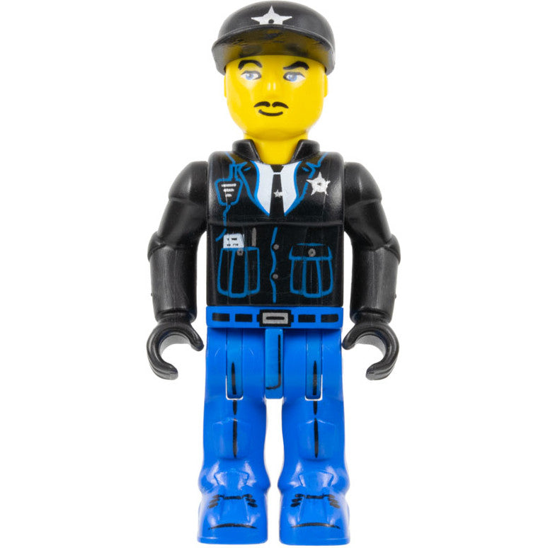 Minifig js016 - Police - Blue Legs, Black Jacket, Black Cap with Star