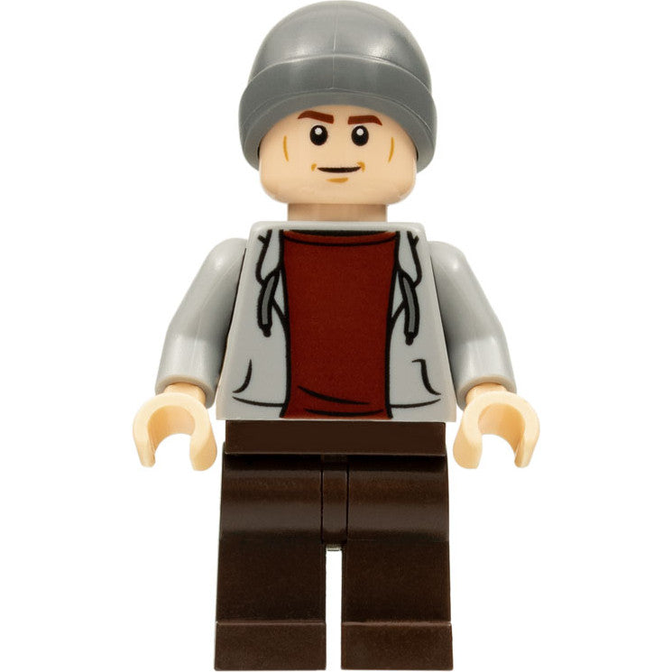 Minifig jw101 - Dinosaur Market Stall Owner - Male, Light Bluish Gray Hoodie, Dark Brown Legs, Dark Bluish Gray Beanie