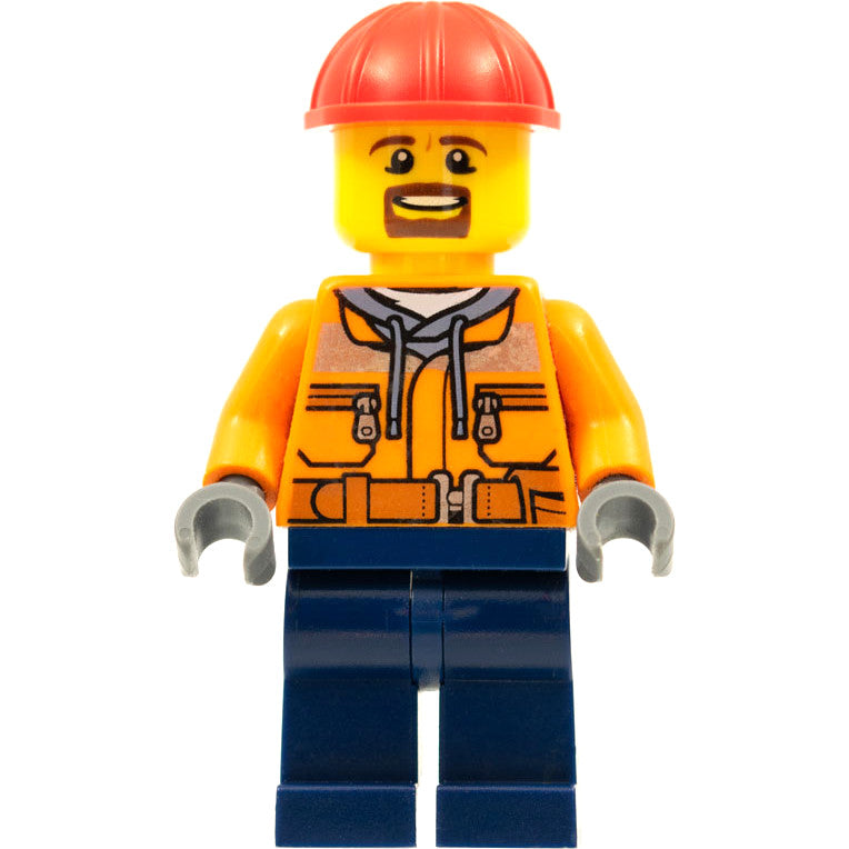 Minifig trn242 - Forklift Driver - Male, Orange Safety Jacket, Reflective Stripe, Sand Blue Hoodie, Dark Blue Legs, Red Construction Helmet, Goatee