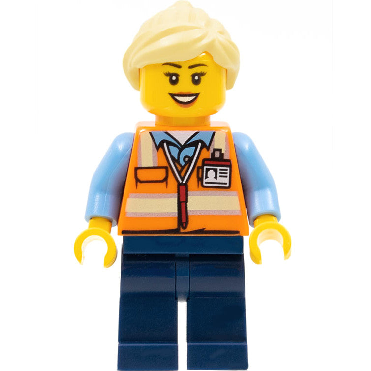 Minifig trn245 - Train Worker - Female, Orange Safety Vest with Badge, Dark Blue Legs, Bright Light Yellow Ponytail and Swept Sideways Fringe