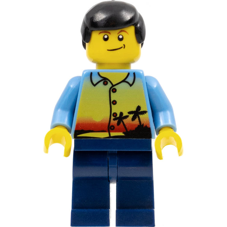 Minifig twn107 - Sunset and Palm Trees - Male, Dark Blue Legs, Black Male Hair, Lopsided Smile