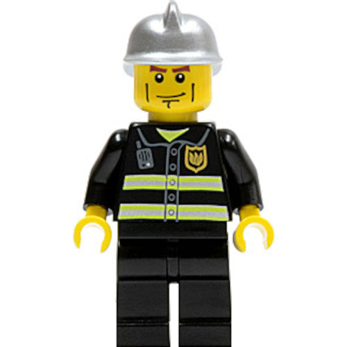 Minifig twn175 - Fire - Reflective Stripes, Black Legs, Silver Fire Helmet, Cheek Lines, Yellow Hands