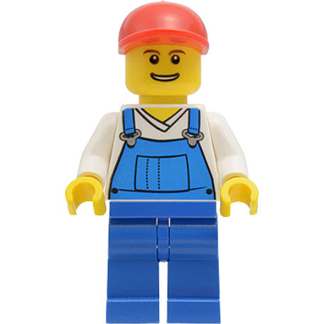 Minifig twn216 - Overalls Blue over V-Neck Shirt, Blue Legs, Red Short Bill Cap, Grin with Teeth