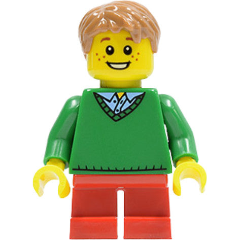 Minifig twn242 - Boy, Green V-Neck Sweater, Red Short Legs