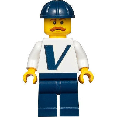 Minifig twn366 - Male with Vestas Logo on Torso, Dark Blue Legs, Dark Blue Construction Helmet, Moustache