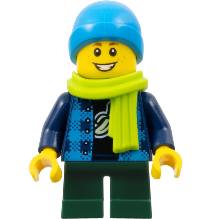 Minifig twn383 - Child - Boy, Flannel Vest over Shirt with Banana, Dark Green Short Legs, Dark Azure Beanie, Freckles, Lime Scarf