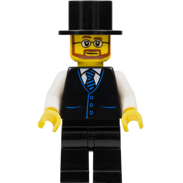 Minifig twn389 - Haunted House Butler - Male, Black Vest with Blue Striped Tie, Black Legs, Black Top Hat, Glasses and Beard