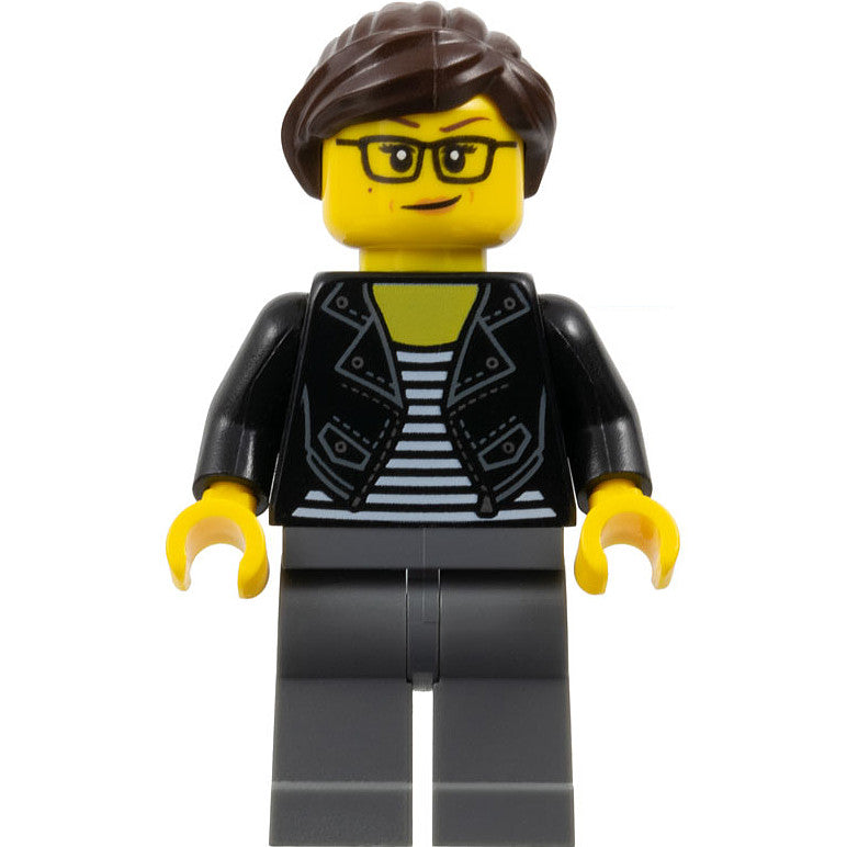 Minifig twn391 - Female with Striped Black and White Shirt, Black Jacket, Dark Bluish Gray Legs, Dark Brown Hair