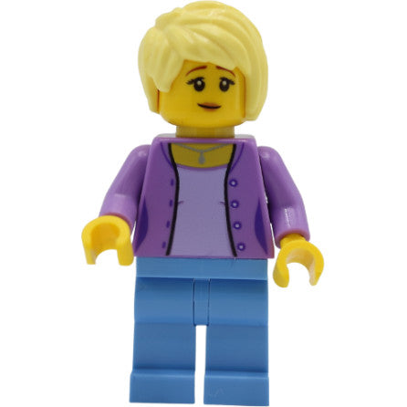 Minifig twn394 - Female with Medium Lavender Jacket, Medium Blue Legs, Bright Light Yellow Hair