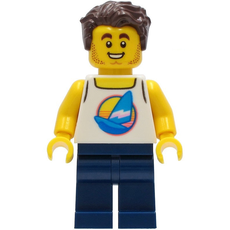 Minifig twn407 - Surfer - Male, White Tank Top with Dark Azure Sailboat, Dark Blue Legs, Dark Brown Hair