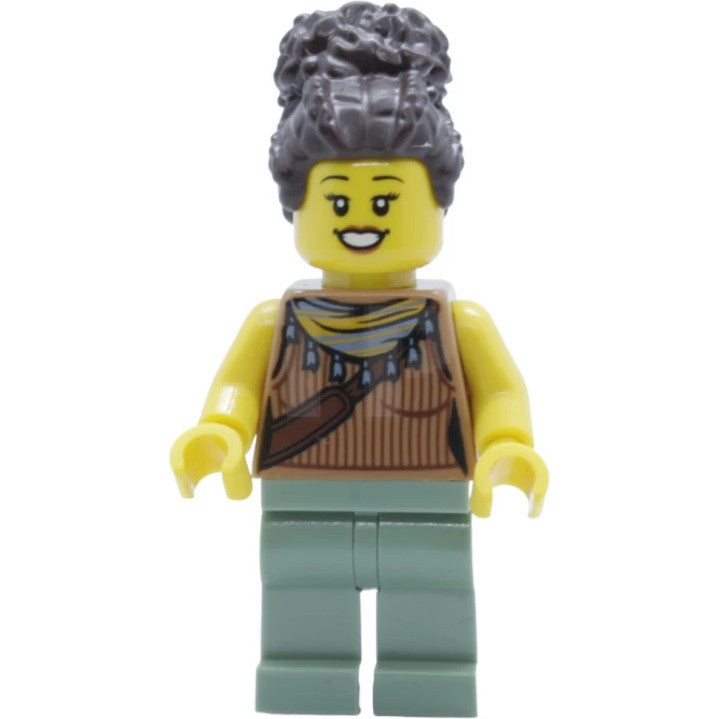 Minifig twn442 - Woman, Medium Nougat Tank Top with Reddish Brown Ribbing and Should Bag, Sand Green Legs, Dark Brown Coiled Hair in High Bun