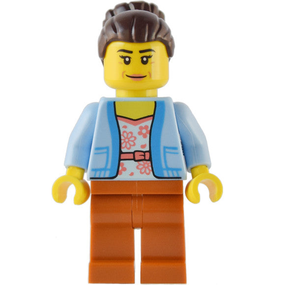 Minifig twn454 - Club Owner / Manager - Female, Bright Light Blue Jacket over White Shirt with Coral Flowers, Dark Orange Legs, Dark Brown Hair with Bun
