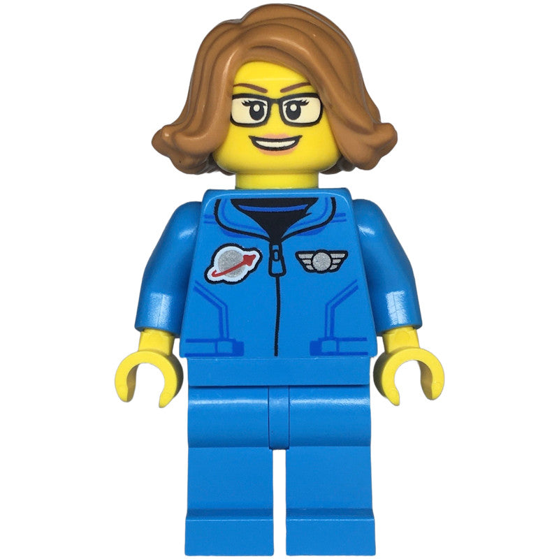 Minifig twn479 - Space Scientist - Female, Dark Azure Jumpsuit, Medium Nougat Hair, Glasses, Open Mouth Smile