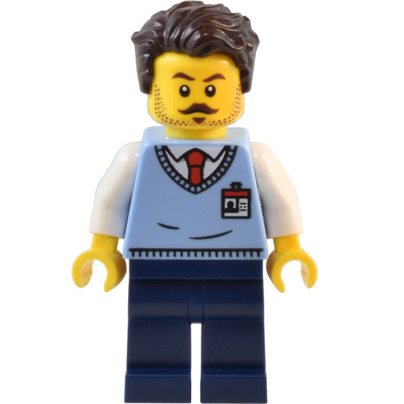 Minifig twn485 - Natural History Museum Employee - Male, Bright Light Blue Sweater Vest with ID Badge, Dark Blue Legs, Dark Brown Tousled Hair