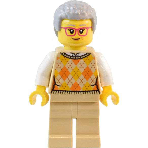 Minifig twn491 - Natural History Museum Visitor - Female, Tan Knit Argyle Sweater Vest, Tan Legs, Light Bluish Gray Coiled Hair, Glasses