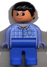LEGO part Duplo Figure, Male, Blue Legs, Blue Top Plaid with Pocket, Black Hair 4555pb028