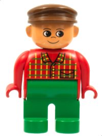 LEGO part Duplo Figure, Male, Green Legs, Red Top Plaid, Brown Cap 4555pb071