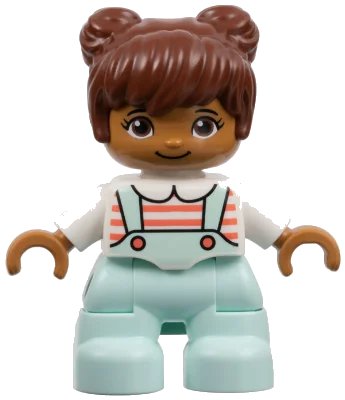 LEGO onderdeel Duplo Figure Lego Ville, Child Girl, Light Aqua Legs, White Top with Coral Stripes, Reddish Brown Hair (6290980) (47205pb071)