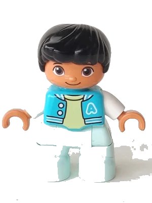 LEGO onderdeel Duplo Figure Lego Ville, Child Boy, Light Aqua Legs, Medium Azure Jacket, Bright Light Yellow Shirt, White Arms, Black Hair (47205pb074)
