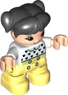 LEGO onderdeel Duplo Figure Lego Ville, Child Girl, Bright Light Yellow Legs, White Top with Black Hearts, Black Hair with Pigtails, Light Nougat Skin (6335905) 47205pb079