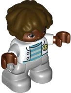 LEGO part Duplo Figure Lego Ville, Child Boy, Light Bluish Gray Legs, White Jacket, Light Aqua and Medium Azure Striped Top, Dark Brown Hair (6361964) 47205pb089