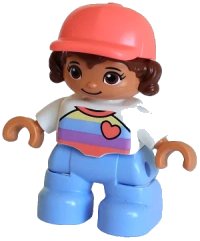 LEGO part Duplo Figure Lego Ville, Child Girl, Bright Light Blue Legs, White Top with Stripes and Heart, Reddish Brown Hair, Coral Cap (6376729) 47205pb091