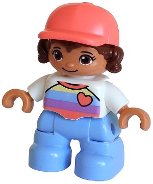 LEGO onderdeel Duplo Figure Lego Ville, Child Girl, Bright Light Blue Legs, White Top with Stripes and Heart, Reddish Brown Hair, Coral Cap (6376729) (47205pb091)