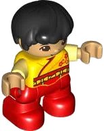 LEGO part Duplo Figure Lego Ville, Child Boy, Red Legs, Yellow Robe, Bright Light Yellow Arms, Black Hair, Reddish Brown Eyes (6429723) 47205pb094