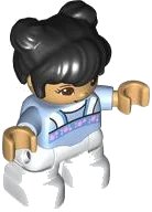LEGO onderdeel Duplo Figure Lego Ville, Child Girl, White Legs, Bright Light Blue Top with Bright Pink Flowers, Black Hair, Reddish Brown Eyes (6429732) (47205pb095)