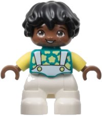LEGO part Duplo Figure Lego Ville, Child Boy, White Legs, Dark Turquoise Top with Stars, Bright Light Yellow Arms, Black Hair (6444500) 47205pb096