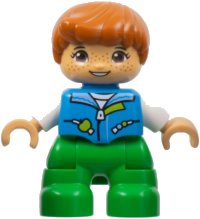 LEGO part Duplo Figure Lego Ville, Child Boy, Bright Green Legs, Dark Azure Vest, White Shirt, Dark Orange Hair, Hearing Aids (6443276) 47205pb097